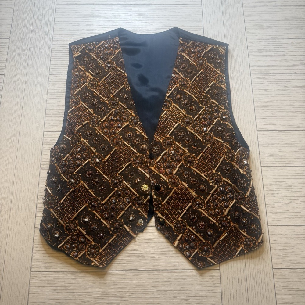 VTG KENAR Womens Small Gold Beaded VEST Multicolor Back Tie W/ Snap Close